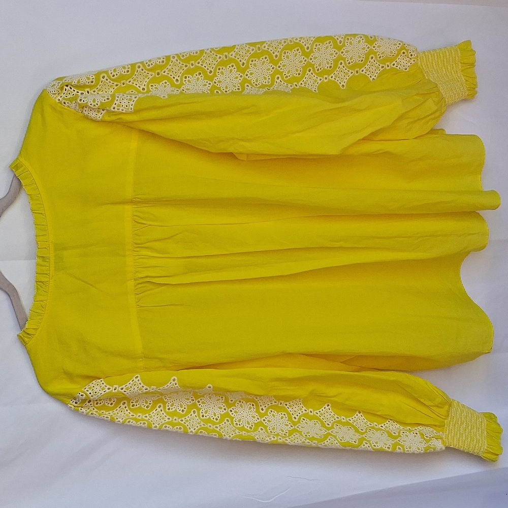 GIBSON & LATIMER Embroidered Floral Ruffled Button Front Neck Blouse Yellow XL - Picture 9 of 13
